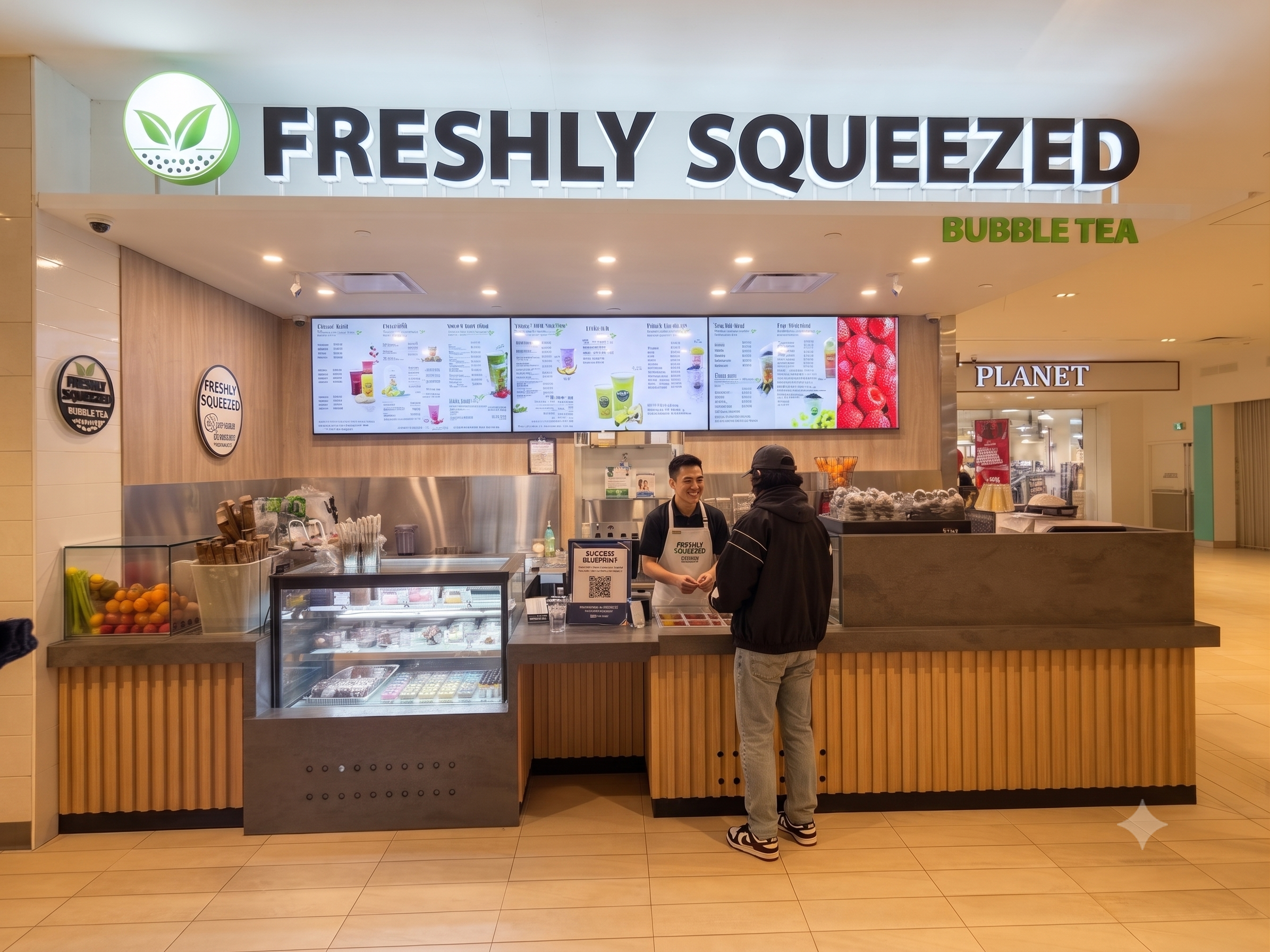 Freshly Squeezed store at Vaughan Mills with exterior signage and entrance